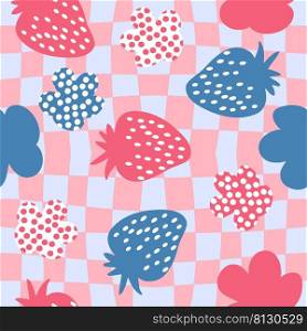 Hippie aesthetic strawberries and spotted flowers seamless pattern. Retro summer print for fabric, paper, T-shirt in 1970s style. Trippy grid distorted vector background for decor and design.