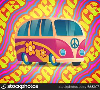 Hippie bus with peace and love label and flowers. Pink vintage van, retro wagon of sixties on colorful psychedelic background. Woodstock musical festival, hippy culture, Cartoon vector illustration. Hippie bus with peace and love label and flowers