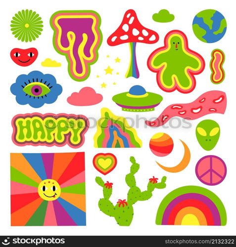 Hippie cartoon elements. 60s 70s psychedelic objects, clothes trippy sticker. Retro mushroom, rainbow groovy lifestyle. Abstract art swanky vector set. Illustration of psychedelic drawing elements. Hippie cartoon elements. 60s 70s psychedelic objects, clothes trippy sticker. Retro mushroom, rainbow groovy lifestyle. Abstract art swanky vector set