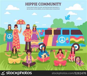 Hippie Community Outdoor Composition. Hippie composition with flat freak characters of flower children faceless characters and rainbow colored minivan house vector illustration