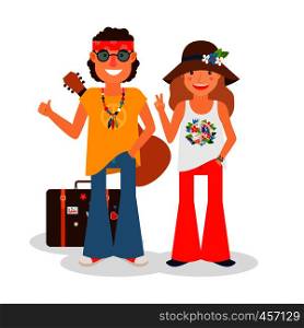 Hippie couple hitchhiking with guitar and suitcase. Vector colored icon on white backround. Hippie Couple Hitchhiking Vector Illustration