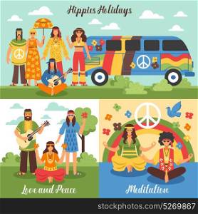 Hippie Design Concept Set . Hippie design concept set with travel into holidays outdoor recreation and flat meditation compositions vector illustration