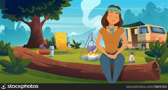 Hippie girl in forest camp, relaxed woman sitting on log enjoying nature with closed eyes in camping with Rv caravan and campfire on mountain view. Summertime traveling, Cartoon vector illustration. Hippie girl in forest camp, woman enjoying nature