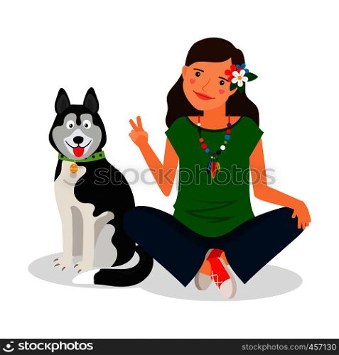 Hippie girl with shephard dog. Vector illustration. Hippie Girl with Dog