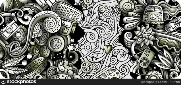 Hippie hand drawn doodle banner. Cartoon detailed illustrations. Vintage identity with objects and symbols. Monochrome vector design elements background. Hippie hand drawn doodle banner. Cartoon detailed illustrations.