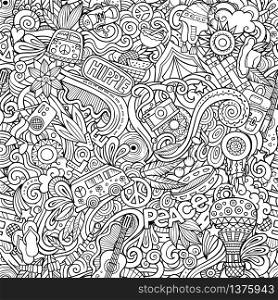 Hippie hand drawn doodles seamless pattern. Hippy background. Cartoon fabric print design. Line art vector illustration. All objects are separate.. Hippie hand drawn doodles seamless pattern. Hippy background.