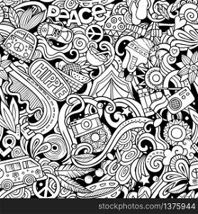 Hippie hand drawn doodles seamless pattern. Hippy background. Cartoon fabric print design. Line art vector illustration. All objects are separate.. Hippie hand drawn doodles seamless pattern. Hippy background.