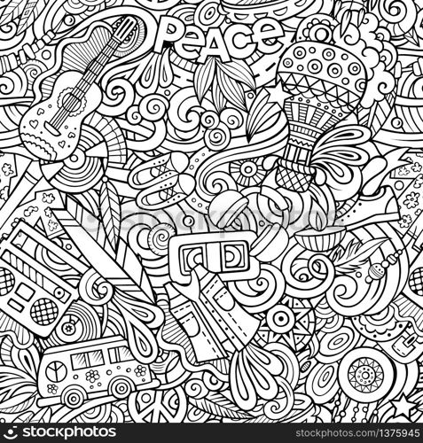 Hippie hand drawn doodles seamless pattern. Hippy background. Cartoon fabric print design. Line art vector illustration. All objects are separate.. Hippie hand drawn doodles seamless pattern. Hippy background.