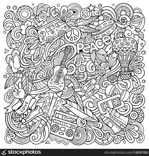 Hippie hand drawn vector doodles illustration. Hippy poster design. Young people elements and objects cartoon background. Sketchy funny picture. All items are separated. Hippie hand drawn vector doodles illustration. Hippy poster design.