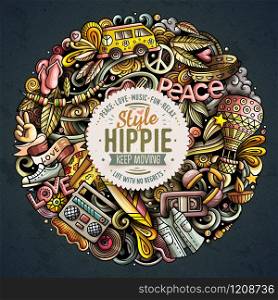 Hippie hand drawn vector doodles round illustration. Hippy poster design. Young people elements and objects cartoon background. Bright colors funny picture. All items are separated. Hippie hand drawn vector doodles round illustration. Hippy poster design.