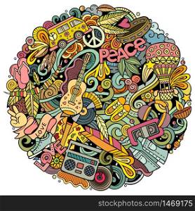 Hippie hand drawn vector doodles round illustration. Hippy poster design. Young people elements and objects cartoon background. Bright colors funny picture. All items are separated. Hippie hand drawn vector doodles round illustration. Hippy poster design.