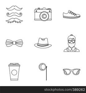 Hippie icons set. Outline illustration of 9 hippie vector icons for web. Hippie icons set, outline style