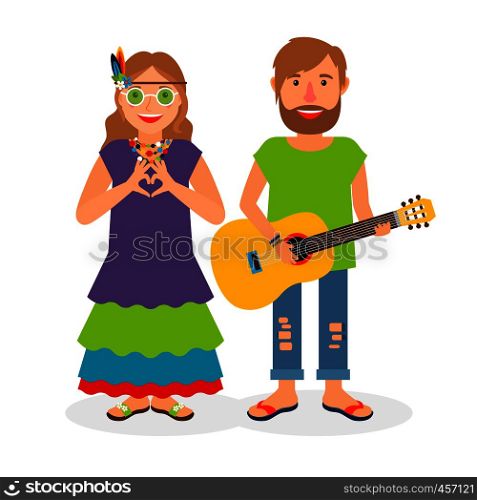 Hippie love couple. Hippie woman and man with guitar vector illustration. Hippie love couple vector illustration