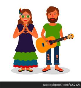 Hippie love couple. Hippie woman and man with guitar vector illustration. Hippie love couple vector illustration