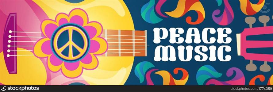 Hippie music cartoon banner with acoustic guitar and peace symbol on colorful ornate psychedelic background. Rock-n-roll hippy musical disco party, pop concert, festival live event Vector retro design. Hippie music cartoon banner with acoustic guitar