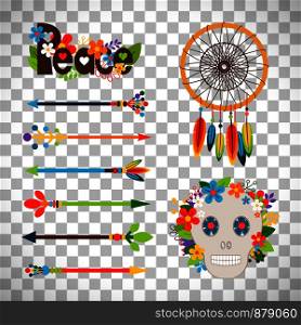Hippie or boho elements. Vector ethnic set with arrows and skull, floral peace pattern and dream catcher isolated on transparent background. Hippie or boho elements