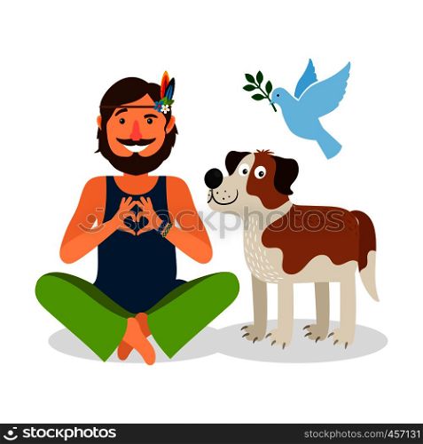 Hippie Peace Man with Dog and Dove. Vector Illustration. Hippie Peace Man with Dog