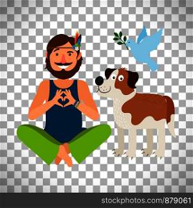 Hippie peace man with dog. Vector Illustration isolated on transparent background. Hippie peace man with dog