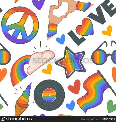 Hippie peace symbol with rainbow and cloud, isolated flag of lgbt and love hand gesture. Vinyl plate and colorful ice cream dessert. Seamless pattern, background or print, vector in flat style. Rainbow and cloud, peace sign and love pattern