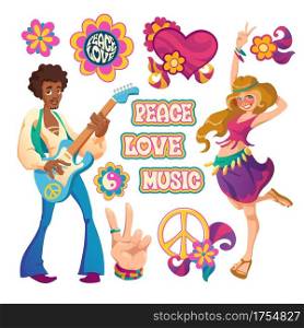 Hippie people, signs of peace, love and music. Vector cartoon set symbols of hippy culture with hearts, flowers, hand gesture, happy woman and black man with guitar isolated on white background. Hippie people, signs of peace, love and music