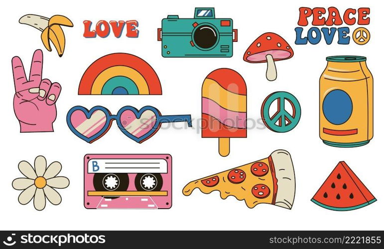 Hippie retro stickers. Cartoon funny psychedelic vintage clip art. Smiley face. Flower and mushroom. Peace symbol. Rainbow and pizza piece. Heart shaped sunglasses. Vector hippy isolated elements set. Hippie retro stickers. Cartoon psychedelic vintage clip art. Smiley face. Flower and mushroom. Peace symbol. Rainbow and pizza piece. Heart shaped sunglasses. Vector hippy elements set