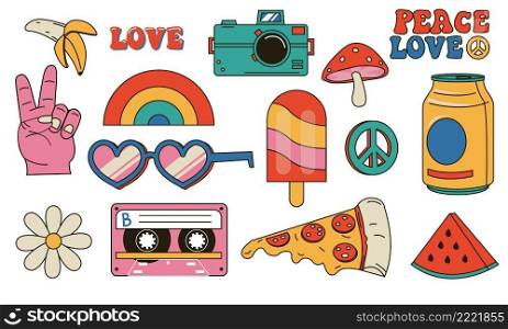 Hippie retro stickers. Cartoon funny psychedelic vintage clip art. Smiley face. Flower and mushroom. Peace symbol. Rainbow and pizza piece. Heart shaped sunglasses. Vector hippy isolated elements set. Hippie retro stickers. Cartoon psychedelic vintage clip art. Smiley face. Flower and mushroom. Peace symbol. Rainbow and pizza piece. Heart shaped sunglasses. Vector hippy elements set