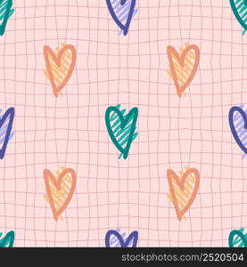 Hippie seamless pattern with grunge textured hearts on trippy grid background. Groovy print for fabric, paper, T-shirt. Doodle vector illustration for decor and design.