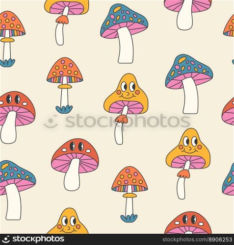 Hippie seamless pattern with mashrooms for design and print. 70s, 80s, 90s elements.