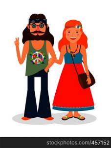 Hippie sixties girl and man of flower power. Vector illustration. Hippie girl and man icons