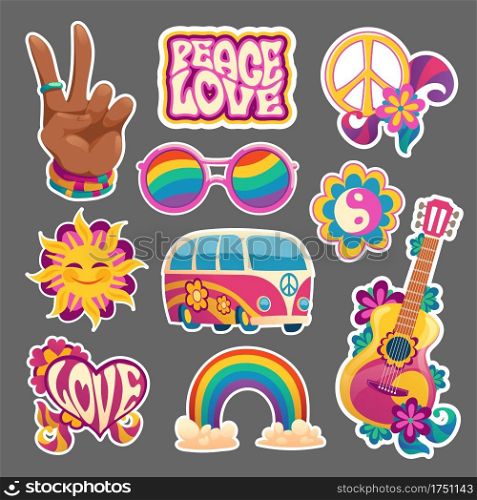 Hippie stickers or icons hand gesturing peace symbol, flowers, bus and rainbow or sunglasses. Guitar, Yin Yang sign, smiling sun and heart with love word, isolated retro patches, Cartoon vector set. Hippie stickers or icons hand gesturing victory