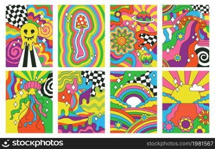Hippie style, groovy vibes retro psychedelic art posters. Abstract rainbow, sun, flowers hipster vector illustration set. Psychedelic groovy retro. Design psychedelic vintage poster, hippie retro art. Hippie style, groovy vibes retro psychedelic art posters. Abstract 70s rainbow, sun, flowers hipster covers vector illustration set. Psychedelic groovy retro backgrounds