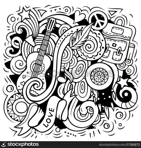 Hippie vector doodles illustration. Hippy design. Young people elements and objects cartoon background. Line art funny picture. All items are separated. Hippie hand drawn vector doodles illustration