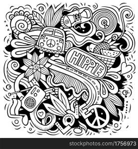 Hippie vector doodles illustration. Hippy design. Young people elements and objects cartoon background. Line art funny picture. All items are separated. Hippie hand drawn vector doodles illustration