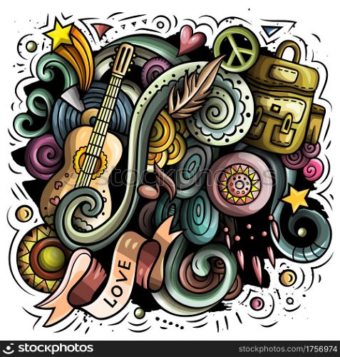 Hippie vector doodles illustration. Hippy design. Young people elements and objects cartoon background. Bright colors funny picture. All items are separated. Hippie hand drawn vector doodles illustration