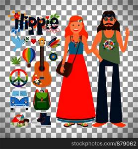 Hippie woman with long hair and man with guitar isolated on transparent background, vector illustration. Hippie woman and man with guitar