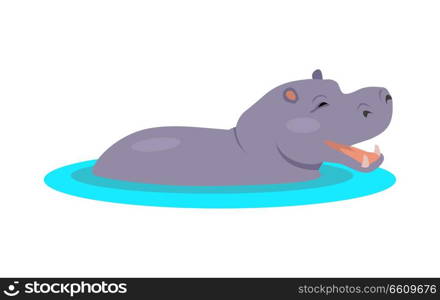 Hippo cartoon character. Funny hippopotamus in water flat vector isolated on white. African fauna. Hippo icon. Wild animal illustration for zoo ad, nature concept, children book illustrating