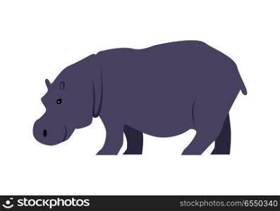 Hippo flat style vector. Wild herbivorous animal. African fauna species. Violet hippopotamus cartoon on white background. For nature concepts, children s books illustrating, printing materials. Hippo Vector Illustration in Flat Design. Hippo Vector Illustration in Flat Design