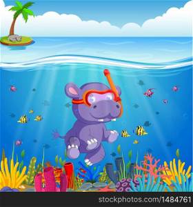 Hippo snorkeling in underwater sea