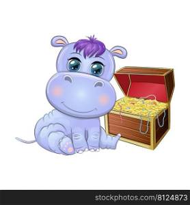 Hippopotamus cartoon character, wild animal with a treasure chest. Character with bright eyes. Hippopotamus cartoon character, wild animal in near a palm tree with a treasure chest. Character with bright eyes