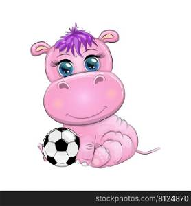 Hippopotamus cartoon character, wild animal with soccer ball. Character with bright eyes.. Hippopotamus cartoon character, wild animal with soccer ball. Character with bright eyes