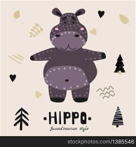 Hippopotamus cute funny character. Childish vector illustration in scandinavian style. Hippopotamus cute funny character. Childish vector illustration in scandinavian style flat design. Vector illusttration isolated concept for children print poster banner