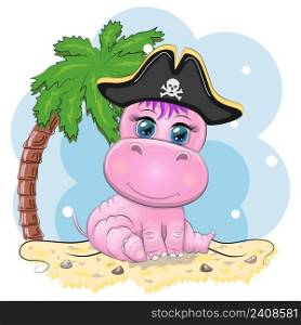 Hippopotamus pirate, cartoon character of the game, wild animal in a bandana and a cocked hat with a skull, with an eye patch.Character with bright eyes on the beach with palm trees. Hippopotamus pirate, cartoon character of the game, wild animal in a bandana and a cocked hat with a skull, with an eye patch. Character with bright eyes