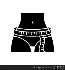 Hips circumference black glyph icon. Female lower body measurements, tailoring parameters silhouette symbol on white space. Hips width specification for bespoke clothing. Vector isolated illustration