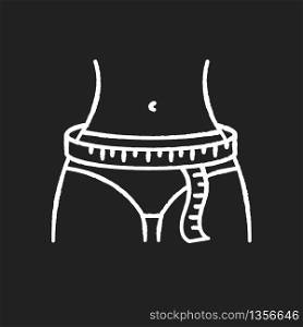 Hips circumference chalk white icon on black background. Female lower body measurements, tailoring parameters. Hips width specification for bespoke clothing. Isolated vector chalkboard illustration