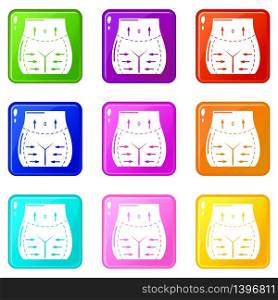Hips liposuction icons set 9 color collection isolated on white for any design. Hips liposuction icons set 9 color collection