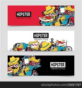 Hipster 3 interactive horizontal banners set. Hipster style fashion trends 3 interactive horizontal banners with white red and black background abstract vector illustration