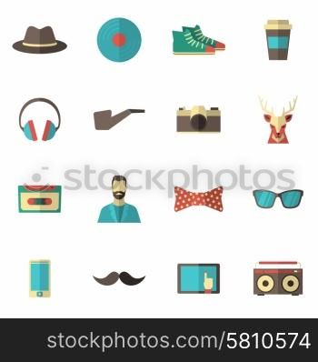 Hipster accessories icon flat set with hat vinyl record coffee cup isolated vector illustration. Hipster Icon Flat Set