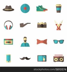 Hipster accessories icon flat set with hat vinyl record coffee cup isolated vector illustration. Hipster Icon Flat Set