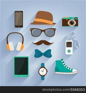 Hipster accessories items set of hat music player shoes and tablet vector illustration