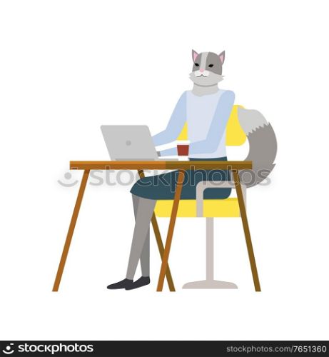 Hipster animal cat working with laptop, woman character using wireless device or computer at desktop, workplace of office element, portrait view vector. Cat Woman Character Working with Laptop Vector